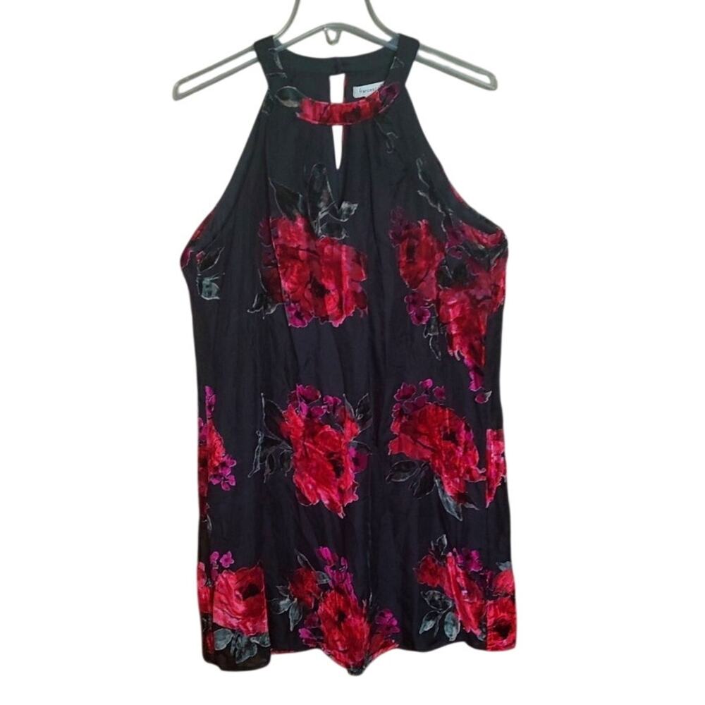 VTG Francesca's Women Large Black Red Rose Velvet Burnout Keyhole Dress Y2k